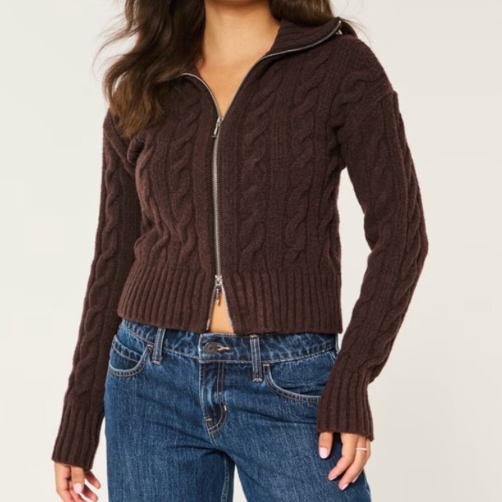 Hollister Comfy Cloud Zip-Up Cable-Knit Sweater - Brown